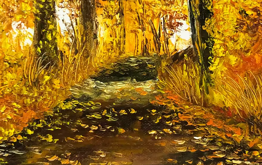 Original Oil Painting "Autumn Woods" by Kim Jong Su – Collectible Hand-Painted Impressionist Forest Path Landscape Art 9518