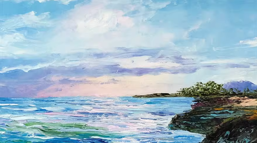 Original Oil Painting "Seaside" by Kim Jong Su – Collectible Hand-Painted Impressionist Rocky Coast Landscape Art  10268