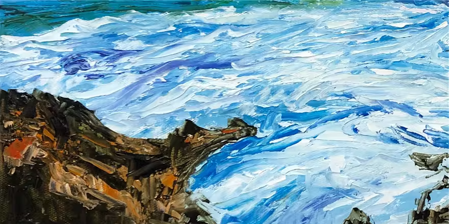 Original Oil Painting "Seaside" by Kim Jong Su – Collectible Hand-Painted Impressionist Rocky Coast Landscape Art  10268