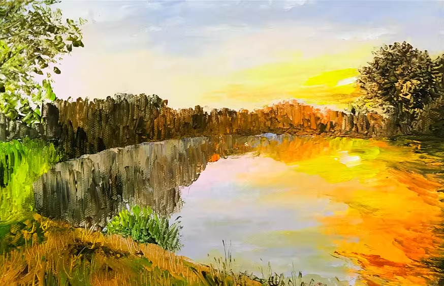Original Oil Painting "By the Lake" by Kim Jong Su – Collectible Hand-Painted Impressionist Sunset Lake Landscape Art 10267