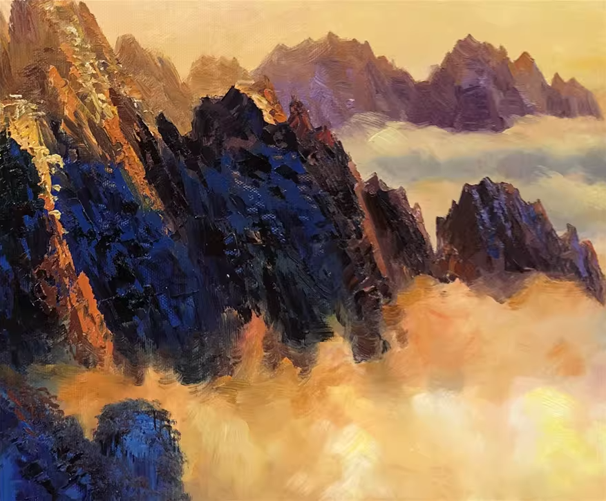 Original Oil Painting "Sea of Clouds" by Meritorious Painter Ri Jae Byol – Collectible Hand-Painted Impressionist Mountain Landscape Art  10204