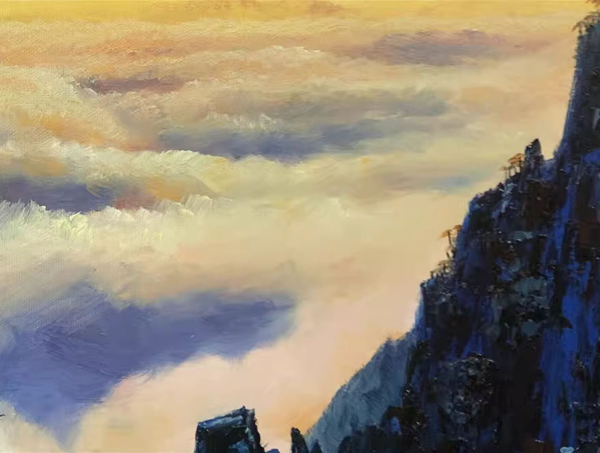 Original Oil Painting "Sea of Clouds" by Meritorious Painter Ri Jae Byol – Collectible Hand-Painted Impressionist Mountain Landscape Art  10204