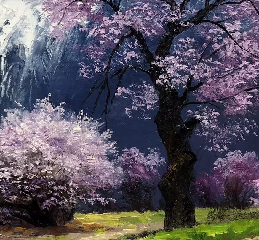 Original Oil Painting "Cherry Blossom Trees" by Meritorious Painter Ri Jae Byol – Collectible Hand-Painted Impressionist Spring Mountain Landscape Art  10415