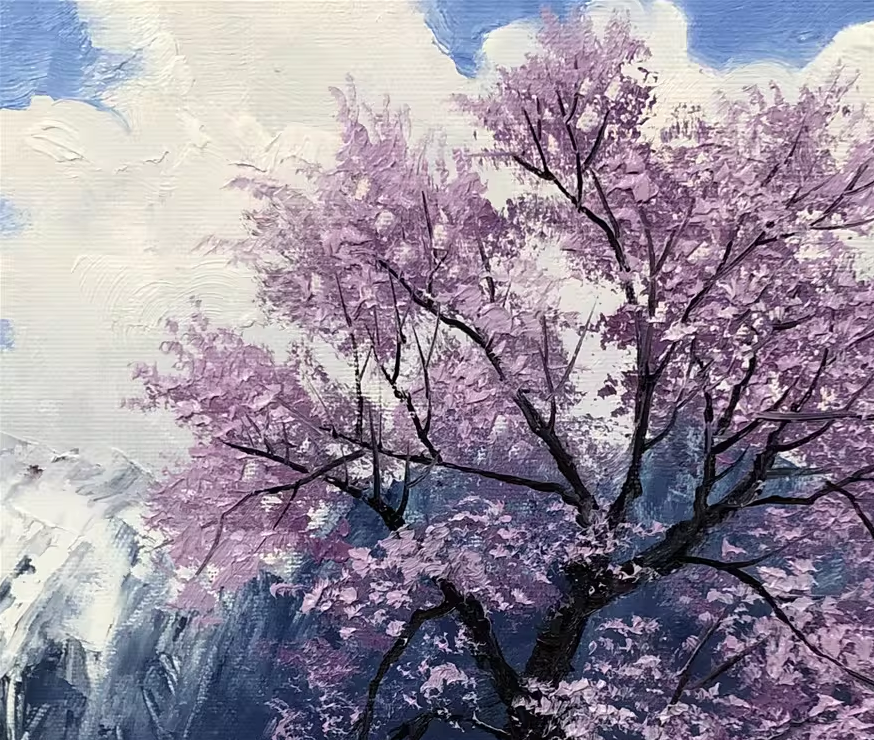 Original Oil Painting "Cherry Blossom Trees" by Meritorious Painter Ri Jae Byol – Collectible Hand-Painted Impressionist Spring Mountain Landscape Art  10415