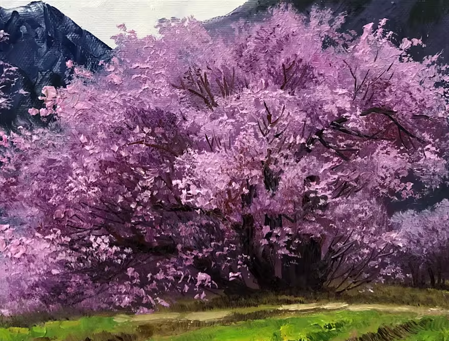Original Oil Painting "Cherry Blossom Trees" by Meritorious Painter Ri Jae Byol – Collectible Hand-Painted Impressionist Spring Mountain Landscape Art  10415