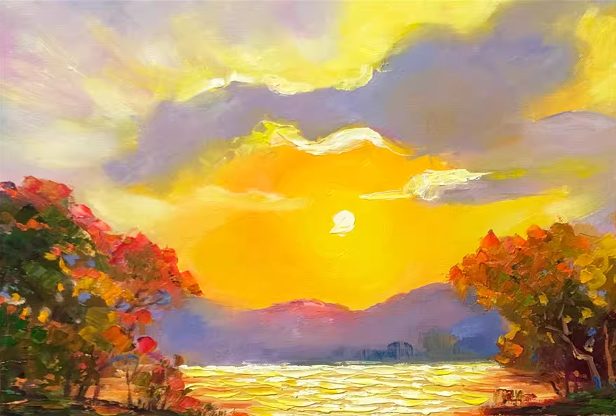 Warm Sun Sunset Lake Oil Painting by Jeong Min | Original Impressionist Landscape Art 10416