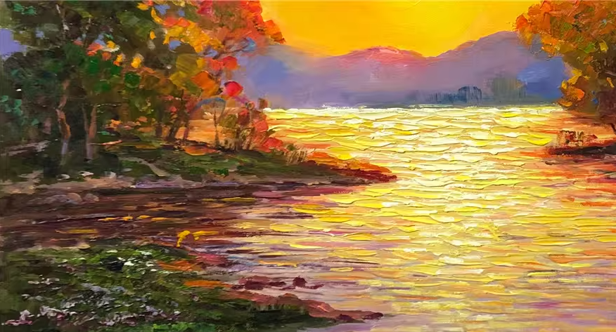 Warm Sun Sunset Lake Oil Painting by Jeong Min | Original Impressionist Landscape Art 10416