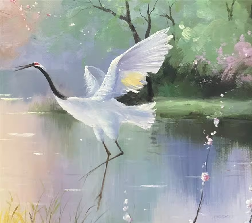 Dancing Cranes Oil Painting by Ko Jin Su | Original Impressionist Lake Landscape Art BR1328