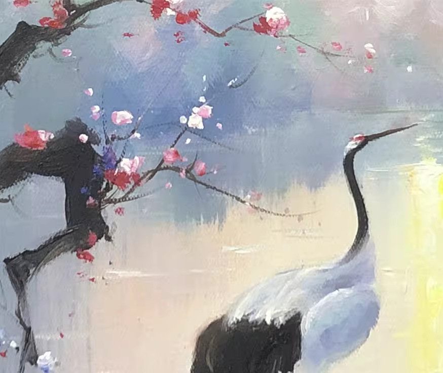 Dancing Cranes Oil Painting by Ko Jin Su | Original Impressionist Lake Landscape Art BR1328