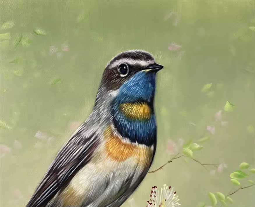 Bluethroat Bird Oil Painting by Ji Cheol Lim | Original Hyperrealist Wildlife Art 10444