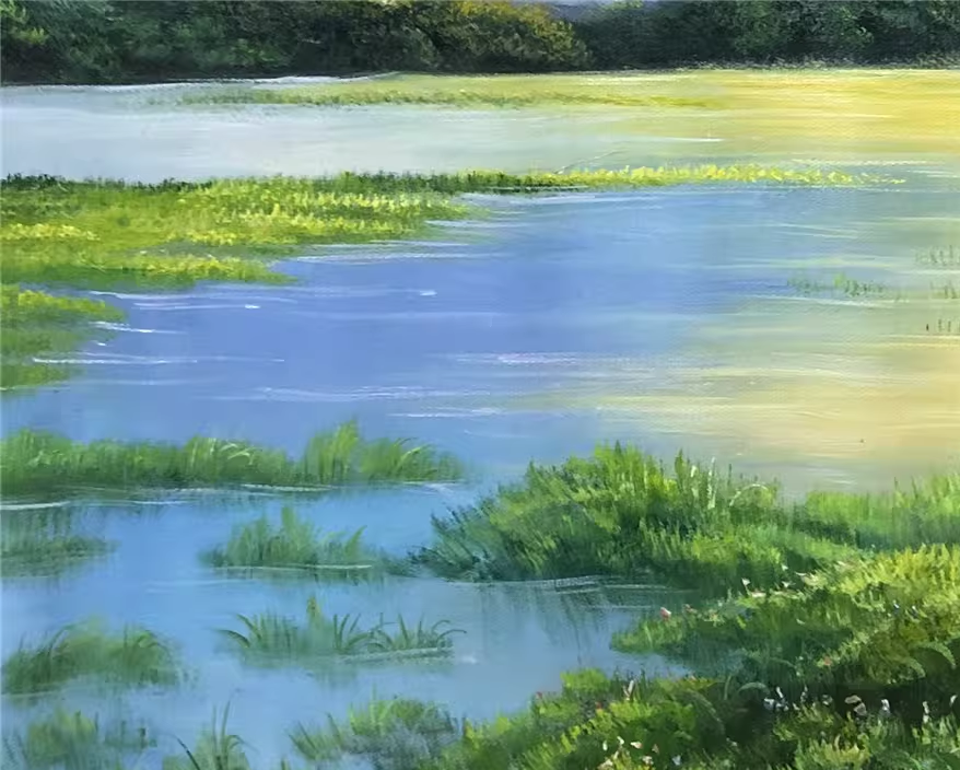 Small Wooden Boats Lake Oil Painting by In Young | Original Impressionist Wetland Landscape Art 10490