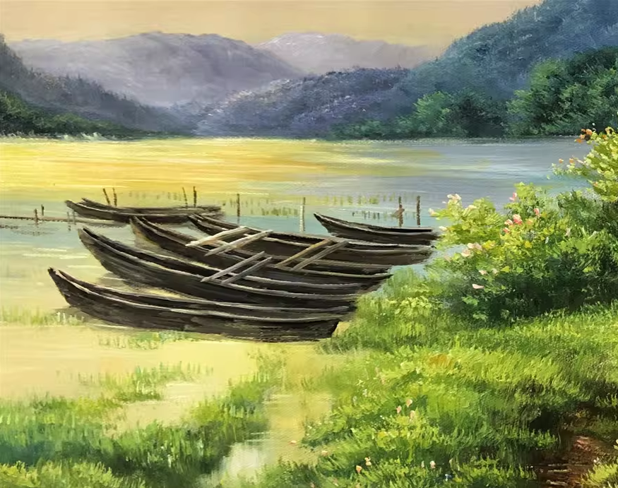Small Wooden Boats Lake Oil Painting by In Young | Original Impressionist Wetland Landscape Art 10490