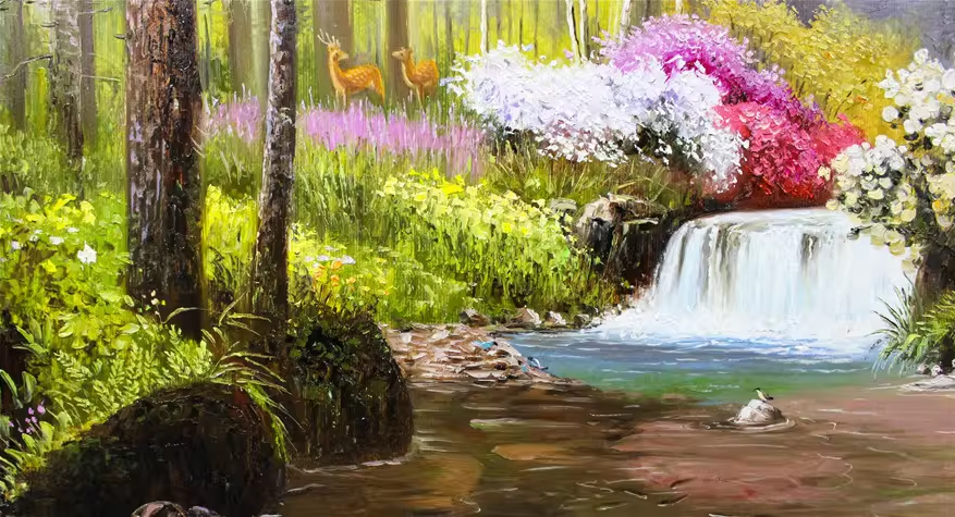 Autumn Waterfall Oil Painting by Ri Hyon | Original Impressionist Forest Landscape Art 8063