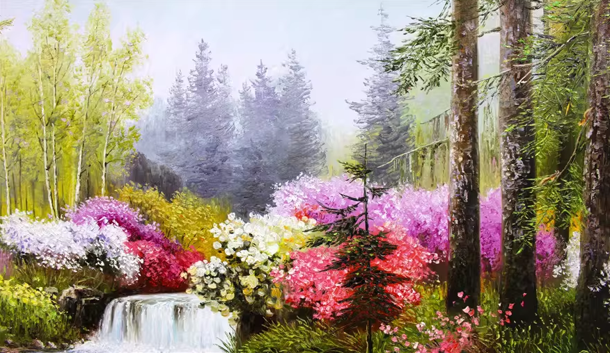 Autumn Waterfall Oil Painting by Ri Hyon | Original Impressionist Forest Landscape Art 8063