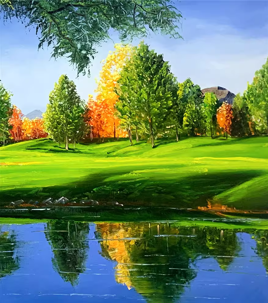 Golf Course Creek Oil Painting by Baek Eun Chul | Original Impressionist Landscape Art 8218