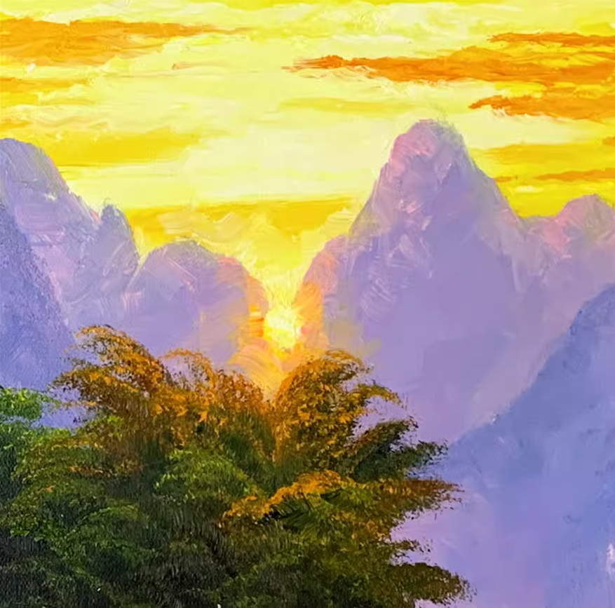 Rising Sun River Mountain Oil Painting by Baek Eun Chul | Original Impressionist Landscape Art 8242