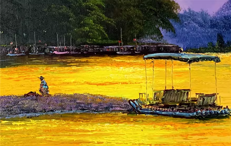 Rising Sun River Mountain Oil Painting by Baek Eun Chul | Original Impressionist Landscape Art 8242