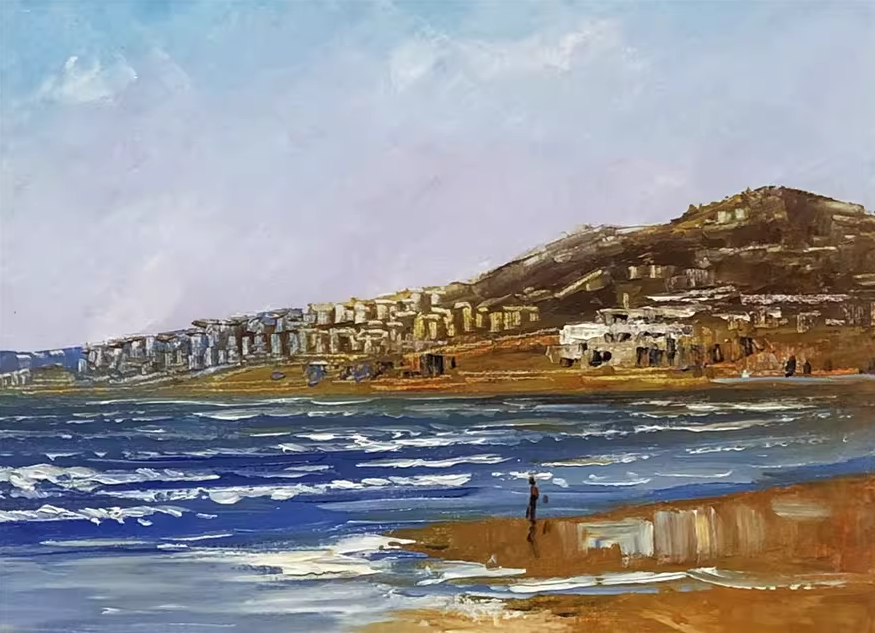 Coastal Town Oil Painting by Lim Seung Hee | Original Seaside Landscape Art 9116