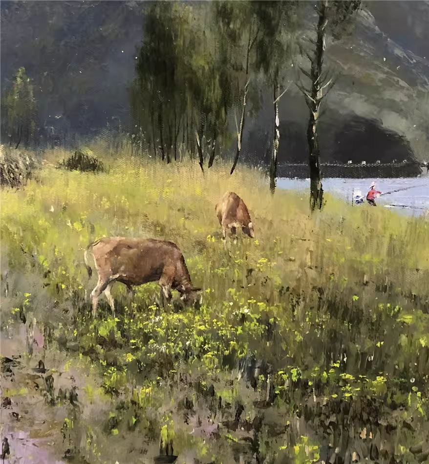 Grazing Cattle Oil Painting by Sung Hyok | Original Rural Mountain Landscape Art 9205