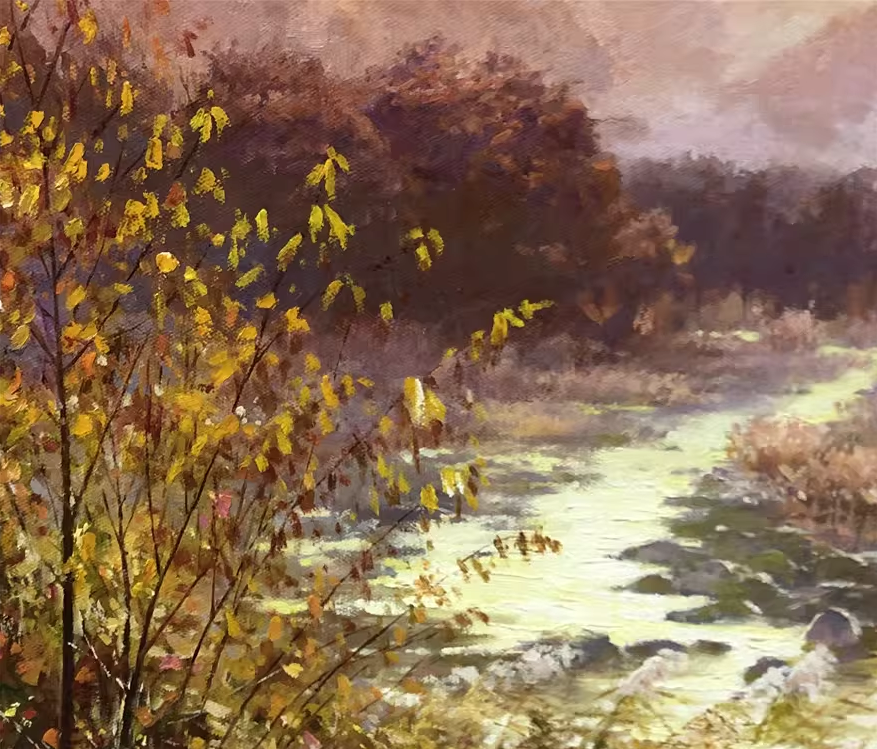 Original Oil Painting – Sunset | Hand‑Painted Impressionist Autumn Mountain Stream Landscape Art by Kim Moon Gyu br1358