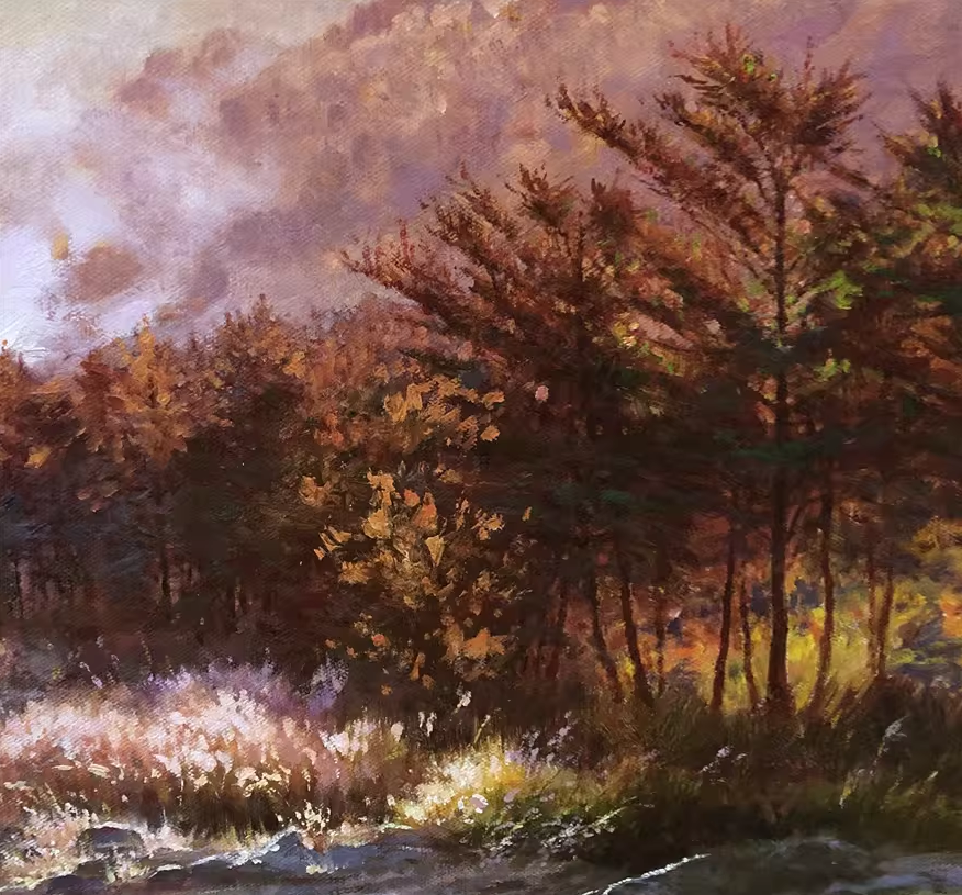 Original Oil Painting – Sunset | Hand‑Painted Impressionist Autumn Mountain Stream Landscape Art by Kim Moon Gyu br1358