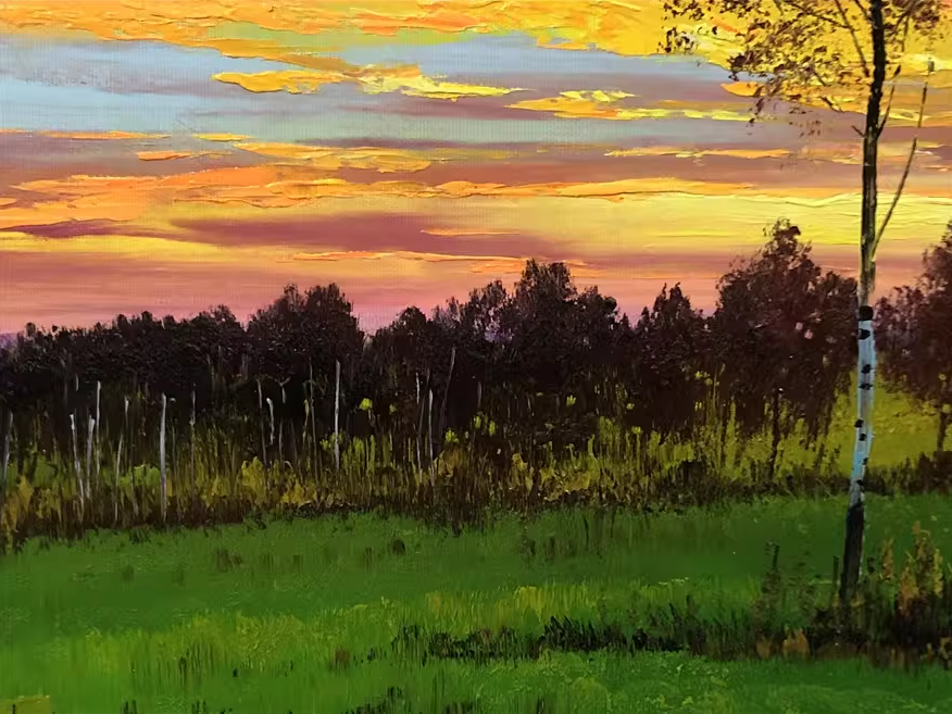 Original Oil Painting – Morning Glow | Hand-Painted Impressionist Birch Tree Sunset Landscape by Ji Un Sung 12001