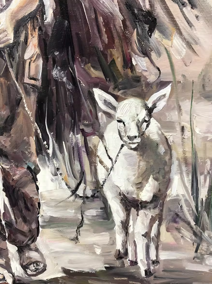 Original Oil Painting – Shepherd Girl | Hand-Painted Realistic Rural Figurative Art by Choi Tae Yong G2270