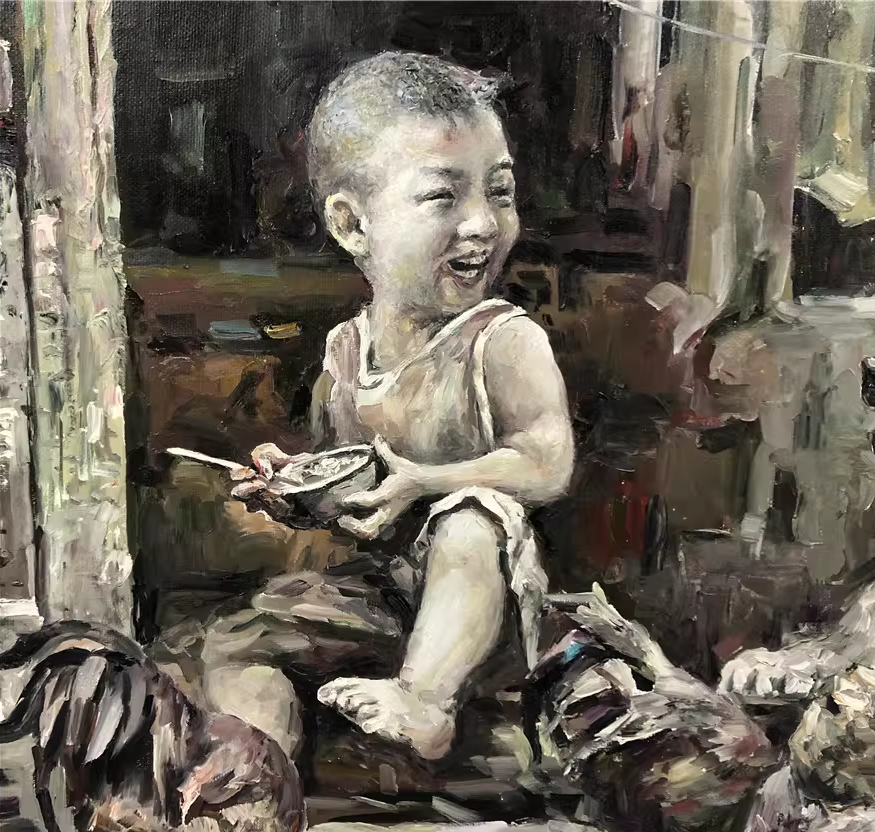 Original Oil Painting – Eating Boy | Hand‑Painted Realistic Rural Figurative Art by Choi Tae Yong G2272
