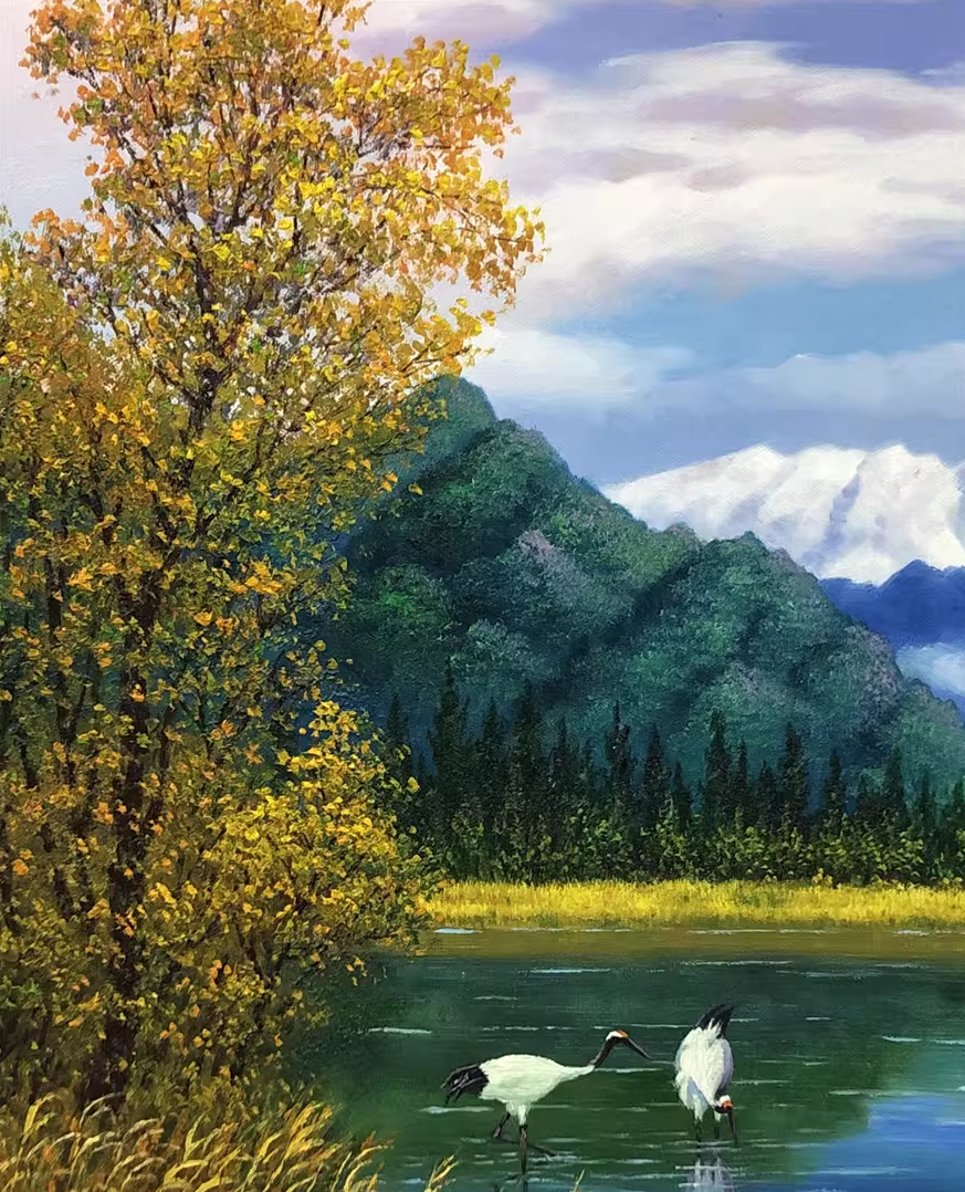 Original Oil Painting – Red-Crowned Cranes by the Lake | Hand-Painted Alpine Lake Landscape Art by Pak Kim Chol 10853