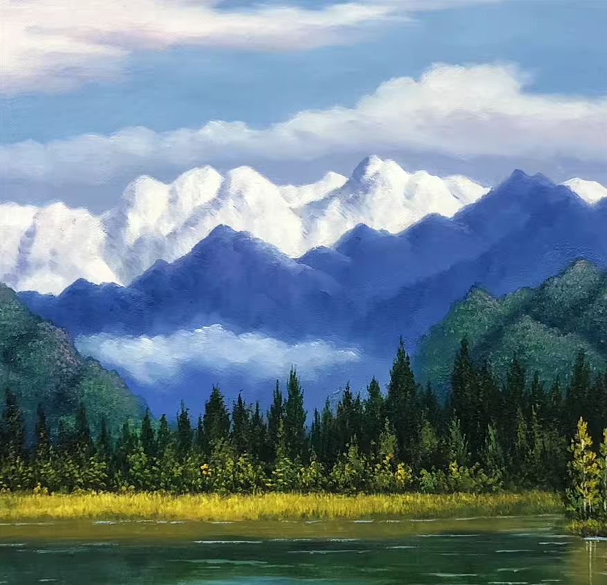 Original Oil Painting – Red-Crowned Cranes by the Lake | Hand-Painted Alpine Lake Landscape Art by Pak Kim Chol 10853