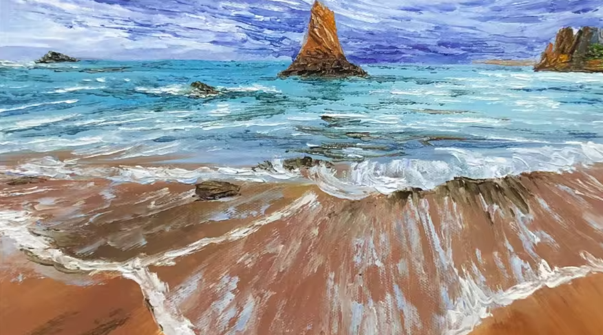 Original Oil Painting – Seaside | Hand‑Painted Impressionist Coastal Rock Landscape Art by Kim Jong Su 10561