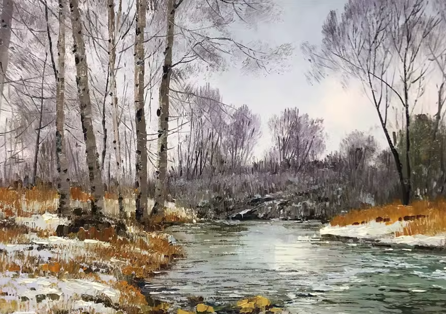 Original Oil Painting – Birch Forest | Hand-Painted Impressionist Winter River Landscape Art by Ji Un Sung 12004