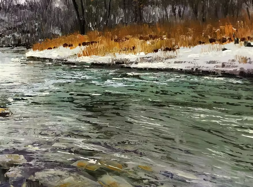 Original Oil Painting – Birch Forest | Hand-Painted Impressionist Winter River Landscape Art by Ji Un Sung 12004