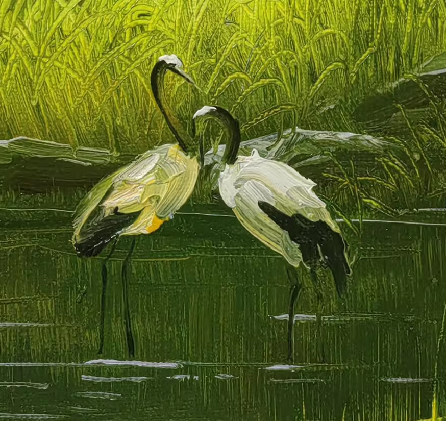 Original Oil Painting – River Landscape with Cranes | Hand‑Painted Impressionist Wetland Art by Choi Myung Sung 9788