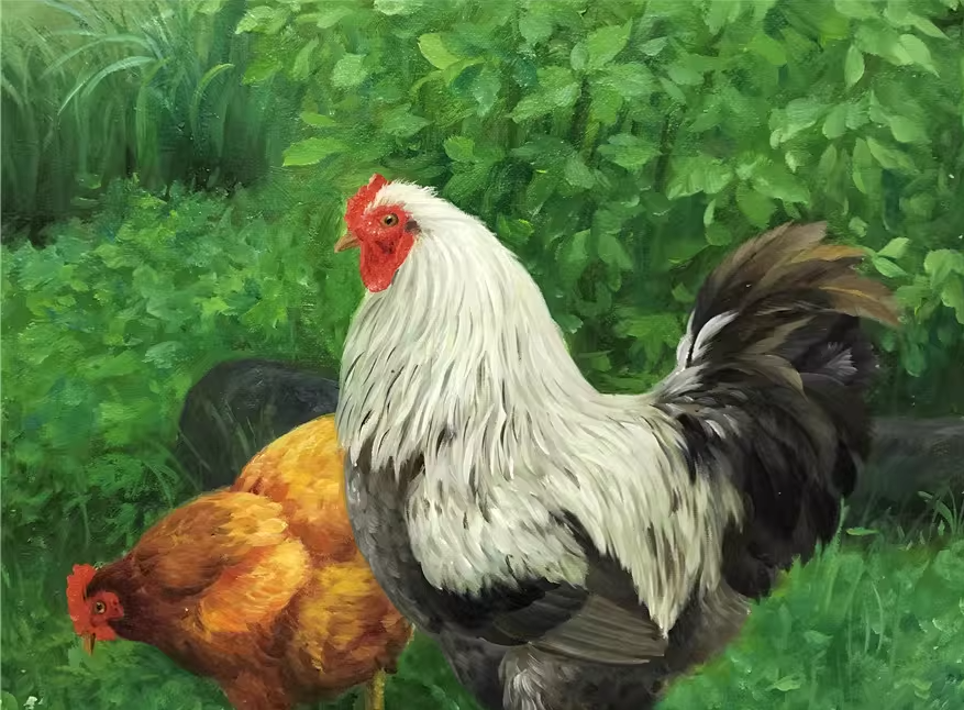 Original Oil Painting – Rooster & Hen | Hand‑Painted Hyper‑Realist Farm Animal Art by Kim Kyung Mi G2054