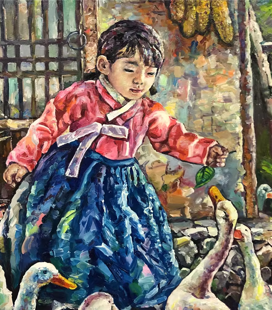 Original Oil Painting – Girl Feeding Geese | Hand‑Painted Impressionist Rural Figurative Art by Choi Tae Yong G2167