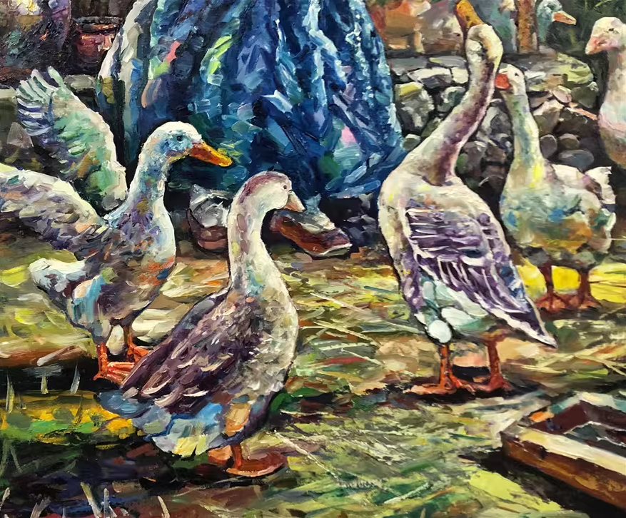 Original Oil Painting – Girl Feeding Geese | Hand‑Painted Impressionist Rural Figurative Art by Choi Tae Yong G2167