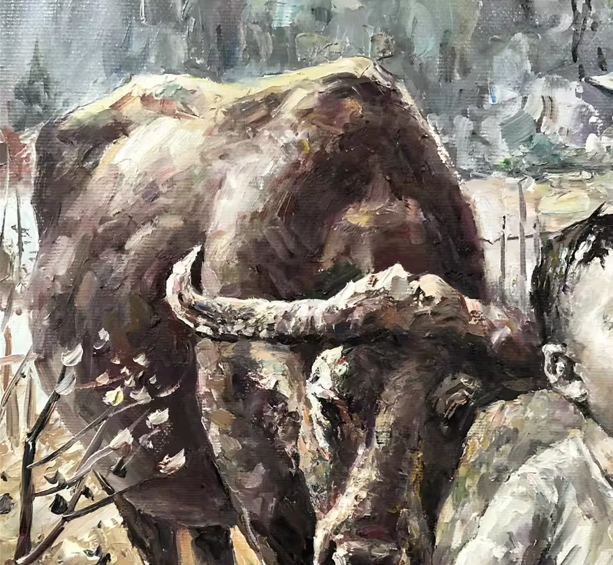 Original Oil Painting – Herding the Buffalo | Hand‑Painted Impressionist Rural Figurative Art by Choi Tae Yong G2271