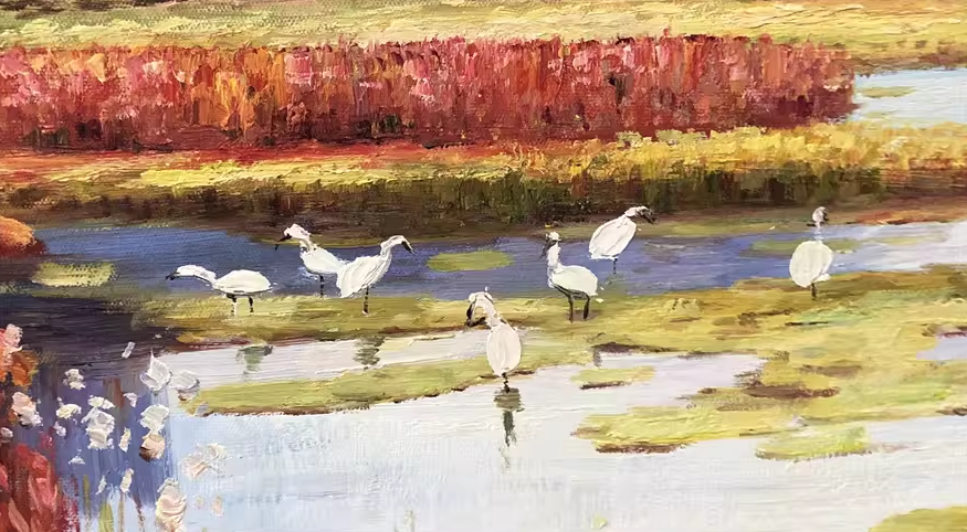 Original Oil Painting – Riverside Wetland | Hand‑Painted Impressionist Autumn Landscape Art by Tian Jun G2235