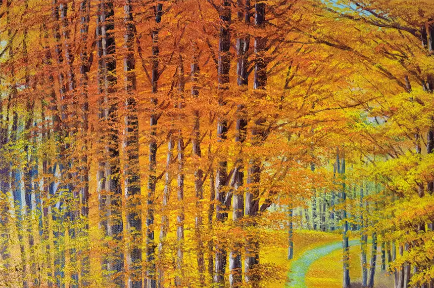 Original Oil Painting – Autumn Red Leaf Forest | Hand-Painted Impressionist Golden Path Landscape Art by Pak Kim Chol 8582