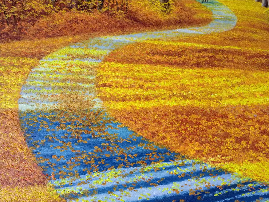 Original Oil Painting – Autumn Red Leaf Forest | Hand-Painted Impressionist Golden Path Landscape Art by Pak Kim Chol 8582
