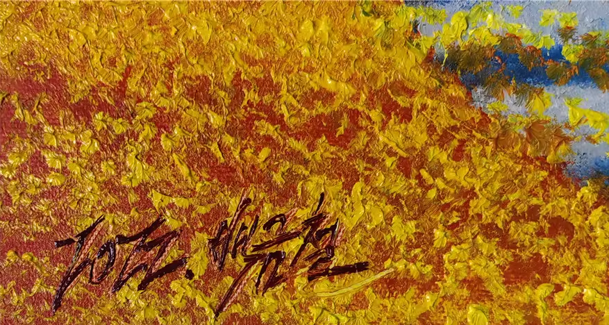 Original Oil Painting – Autumn Red Leaf Forest | Hand-Painted Impressionist Golden Path Landscape Art by Pak Kim Chol 8582
