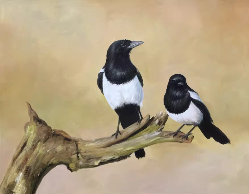 Original Oil Painting – Magpies | Hand‑Painted Hyper‑Realist Bird Art by Kim Kyung Mi G2071