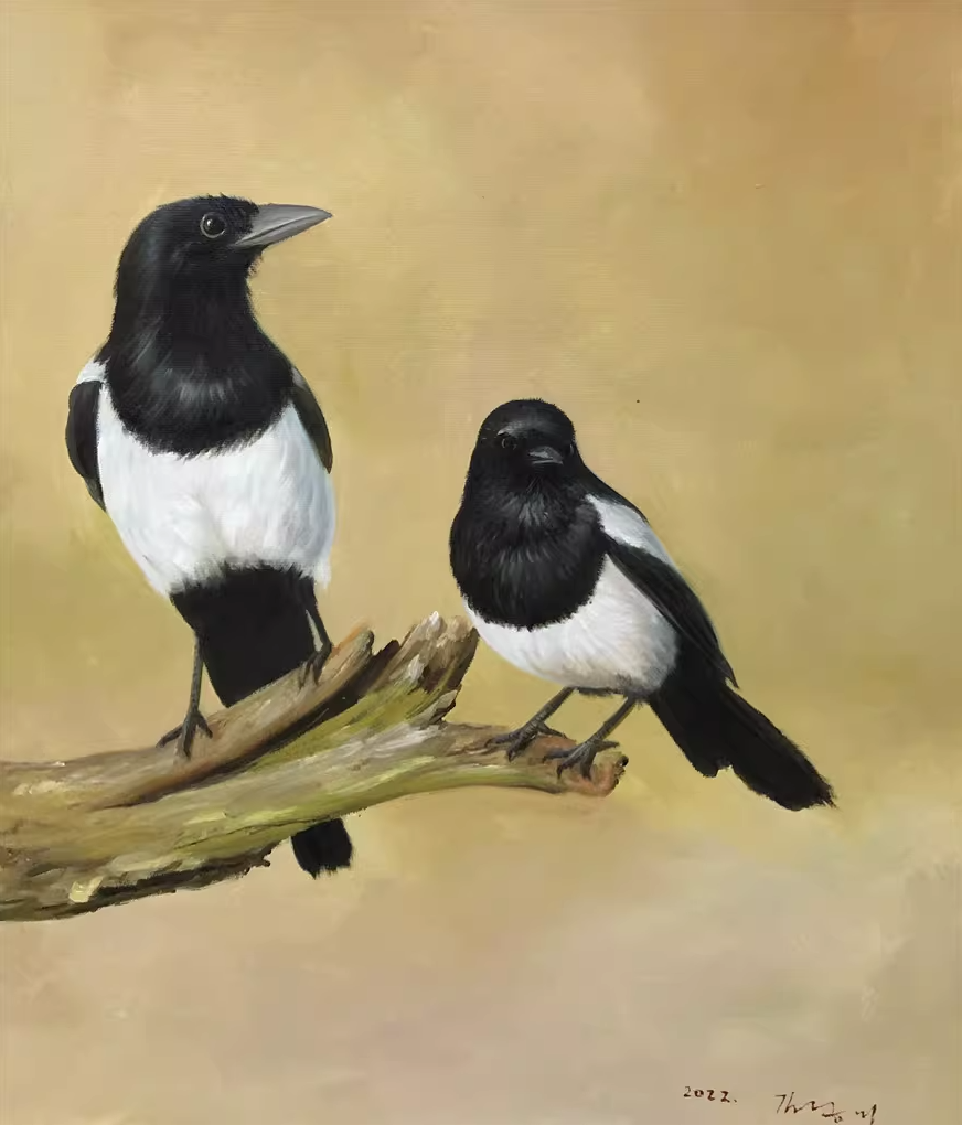 Original Oil Painting – Magpies | Hand‑Painted Hyper‑Realist Bird Art by Kim Kyung Mi G2071
