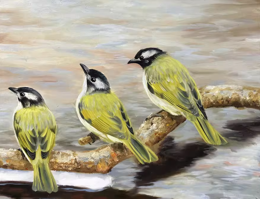 Original Oil Painting – Four Light‑Vented Bulbuls | Hand‑Painted Hyper‑Realist Bird Art by Kim Kyung Mi G2039