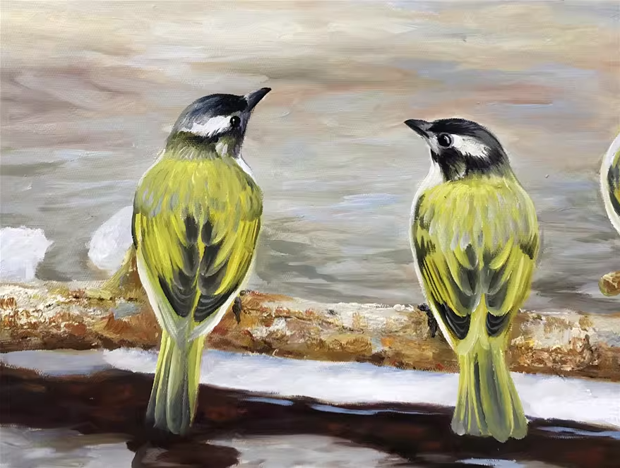 Original Oil Painting – Four Light‑Vented Bulbuls | Hand‑Painted Hyper‑Realist Bird Art by Kim Kyung Mi G2039