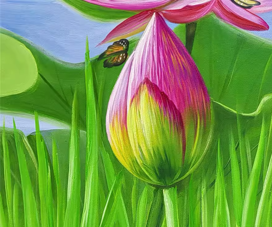 Original Oil Painting – Lotus & Butterflies | Hand‑Painted Floral Still Life Art by Kim Un‑Sim 10140