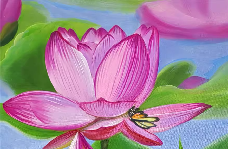 Original Oil Painting – Lotus & Butterflies | Hand‑Painted Floral Still Life Art by Kim Un‑Sim 10140