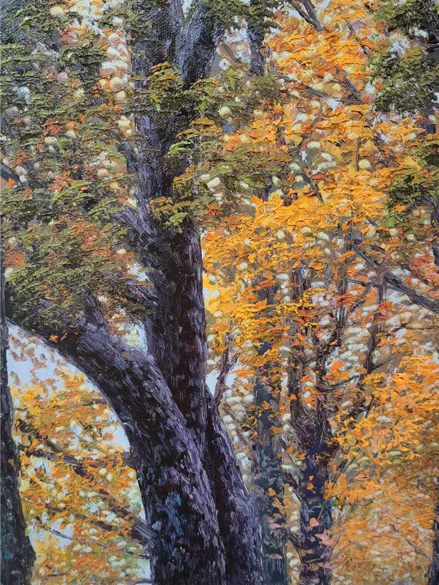 Original Oil Painting – Autumn Tree Lined Path | Hand‑Painted Impressionist Landscape Art by Pak Kim Chol 8585