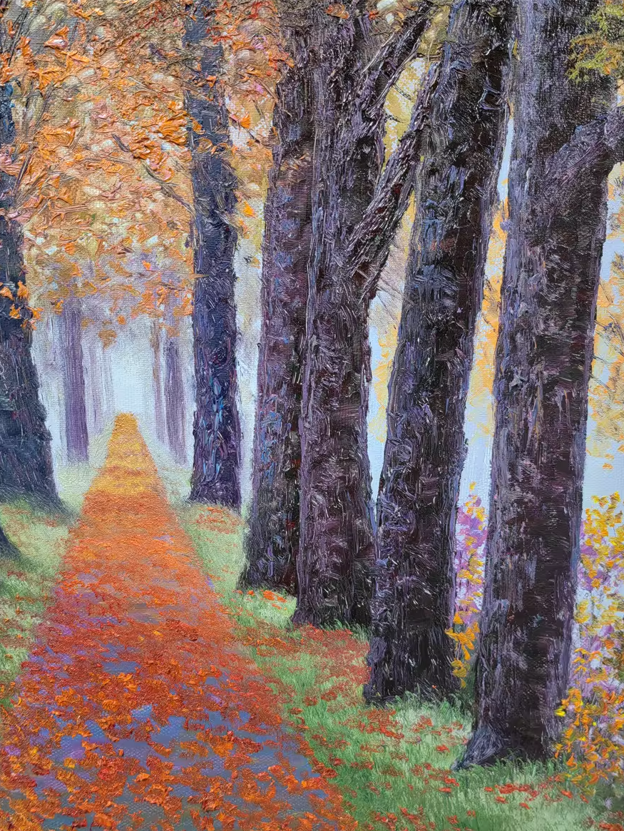 Original Oil Painting – Autumn Tree Lined Path | Hand‑Painted Impressionist Landscape Art by Pak Kim Chol 8585